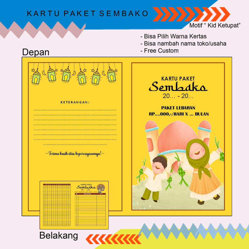

ES88 KARTU PAKET SEMBAKO LEBARAN MOTIF KID KETUPAT UK 21,6X16,5CM LIPAT 2 CETAK BOLAK BALIK