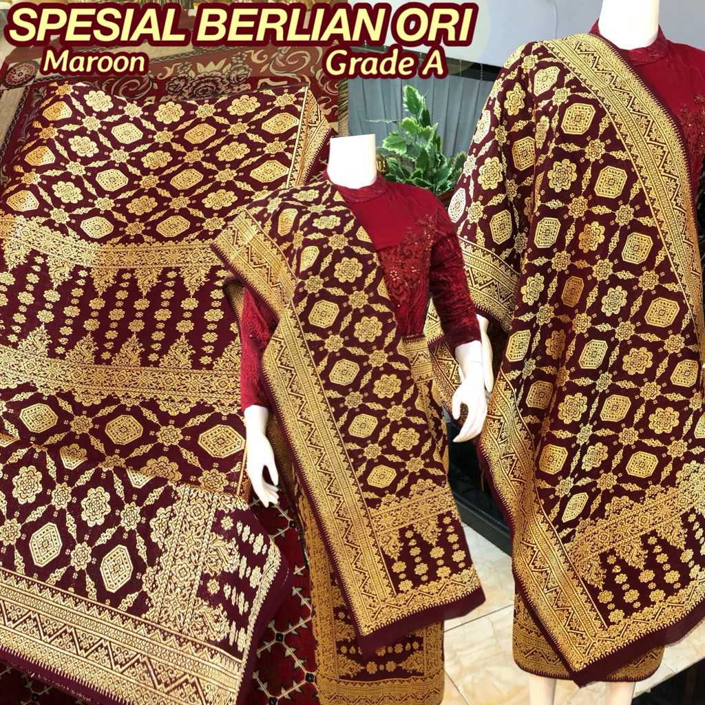 Spesial Songket Berlian ORI / Lepus Berlian Grade A, Rangkap 1 / Maroon /songket tenun asli palemban