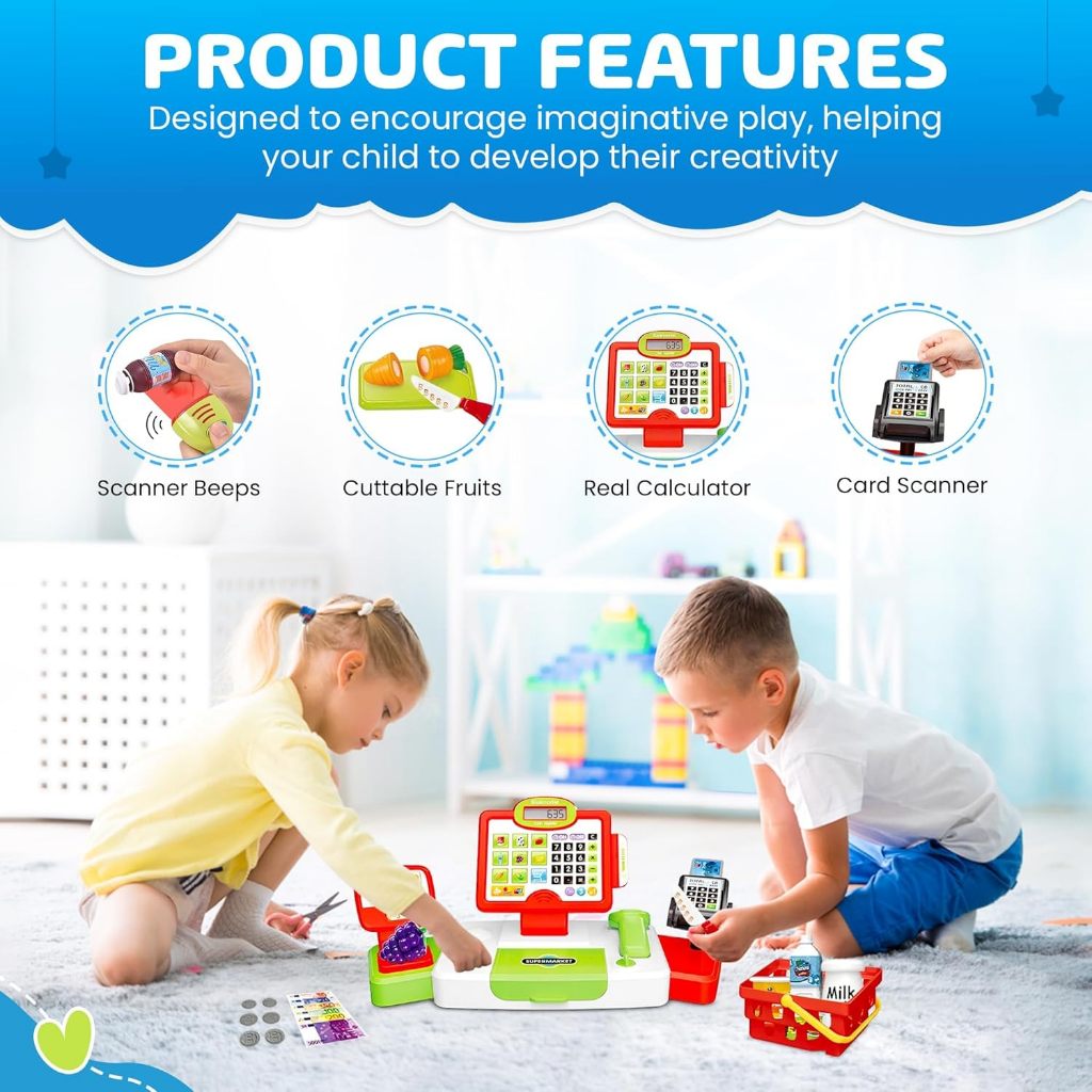 

Kids Cash Register Toy with Real Calculator - Pretend Play Cash Register with Scanner