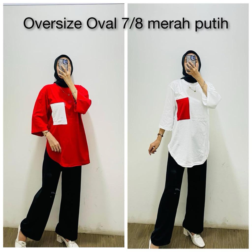 Atasan Merah Putih Wanita Lengan 7/8 | Kaos Oversize Wanita