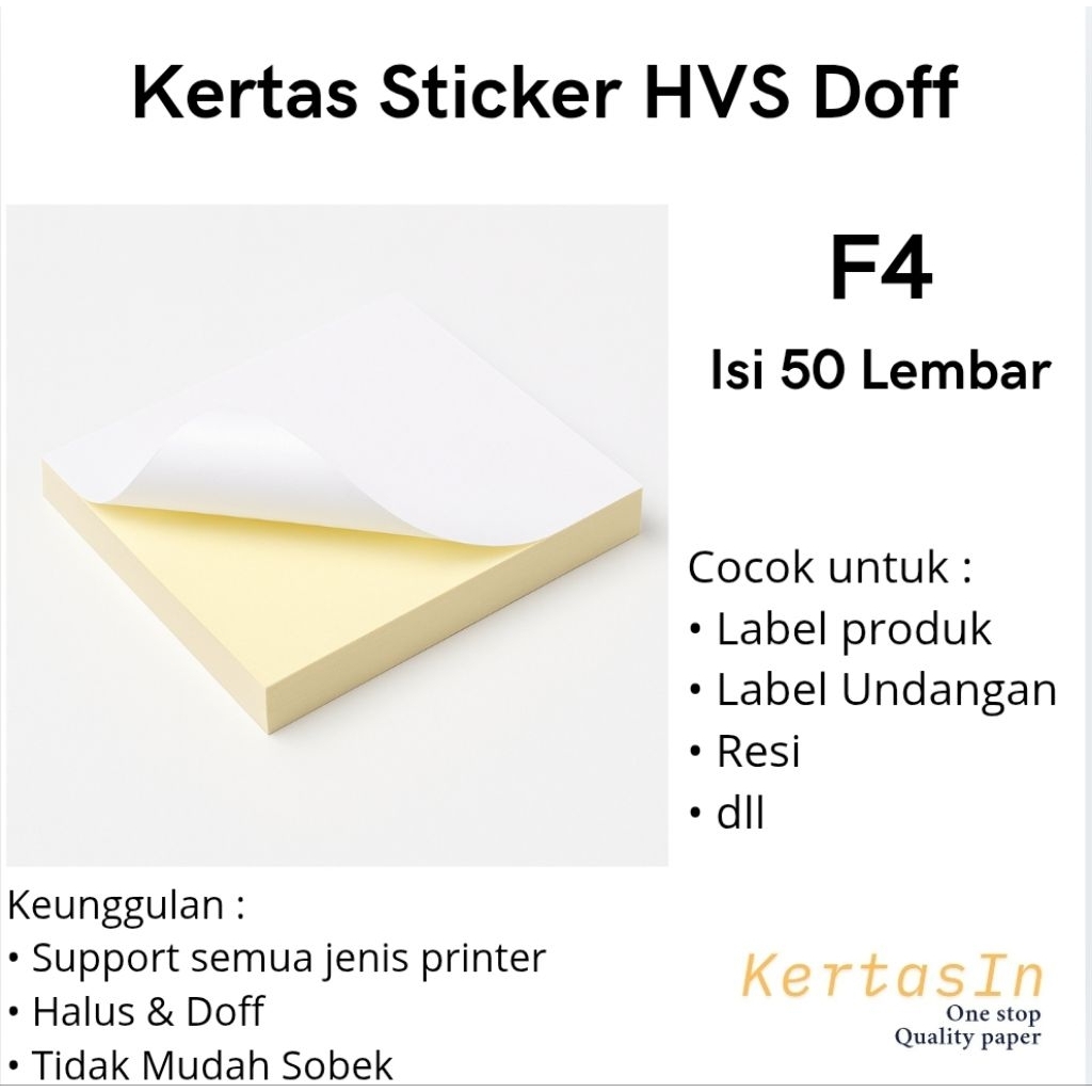 

Kertas Sticker HVS Doff F4 Isi 50 Lembar | Sticker Label dan Undangan Support All Type Printer