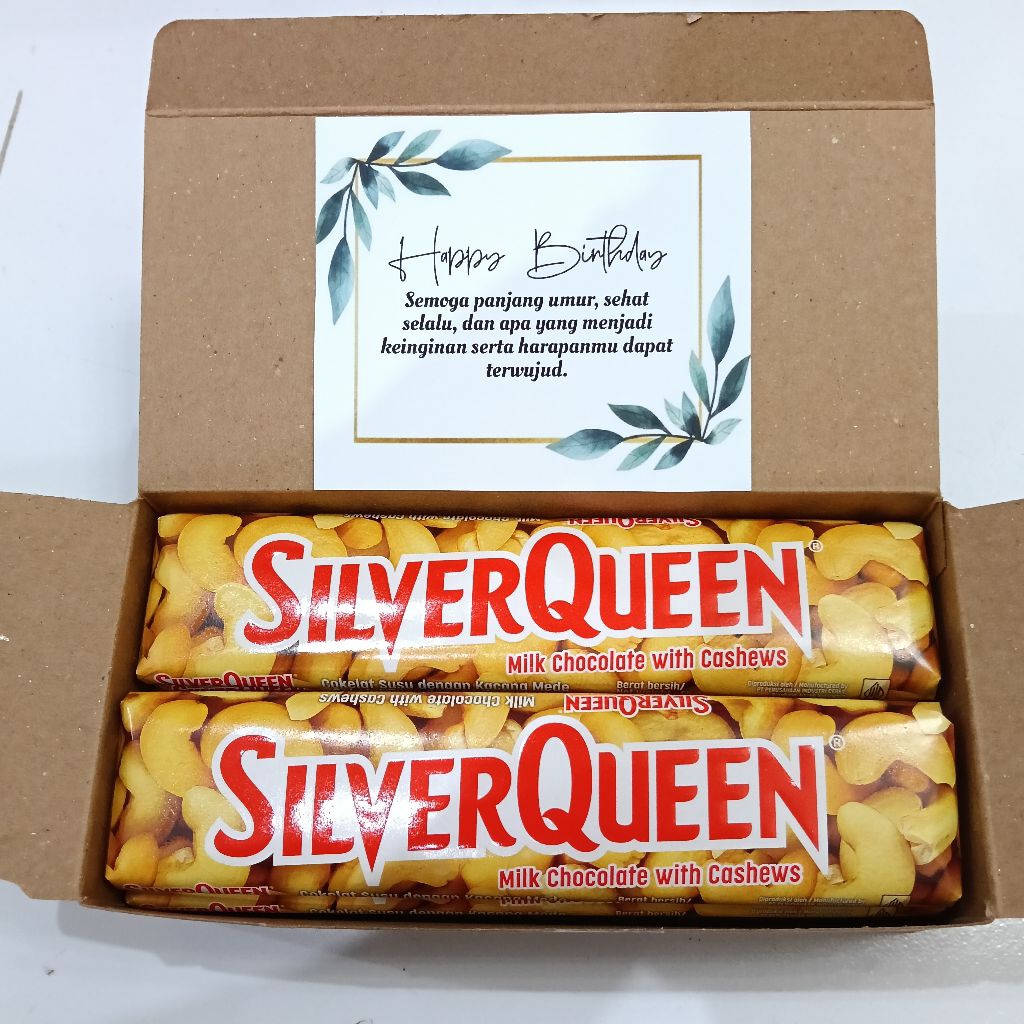 

Paket 1 dus / 10 pcs Silverqueen Coklat cokelat chocolate silver queen gift box hampers hadiah kado ulang tahun birthday anniversary valentine natal wisuda hari ibu hari guru rasa almond dan cashew mede