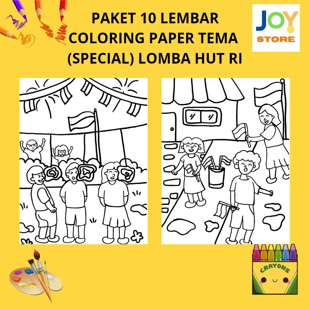 

PAKET 10 Lembar (ISI SAMA SEMUA) Kertas Gambar Mewarnai Tema SPECIAL Lomba 17 Agustus HUT RI Kemerdekaan Ukuran A4 150 gsm - Coloring Paper 131AA