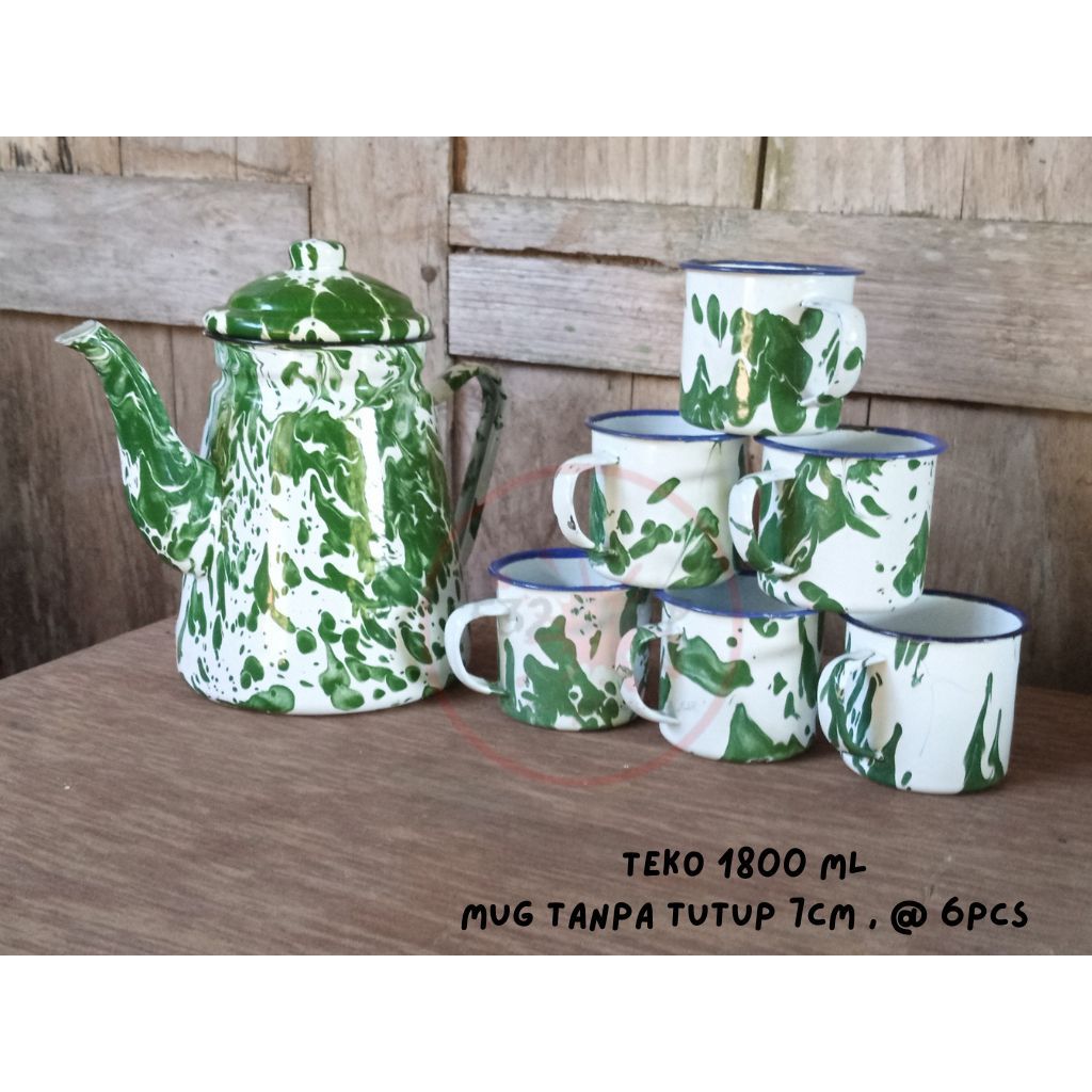 Teko Blirik Tinggi 1800ml Set 6pcs 7cm Tanpa Tutup Set Cangkir Lurik Jadul