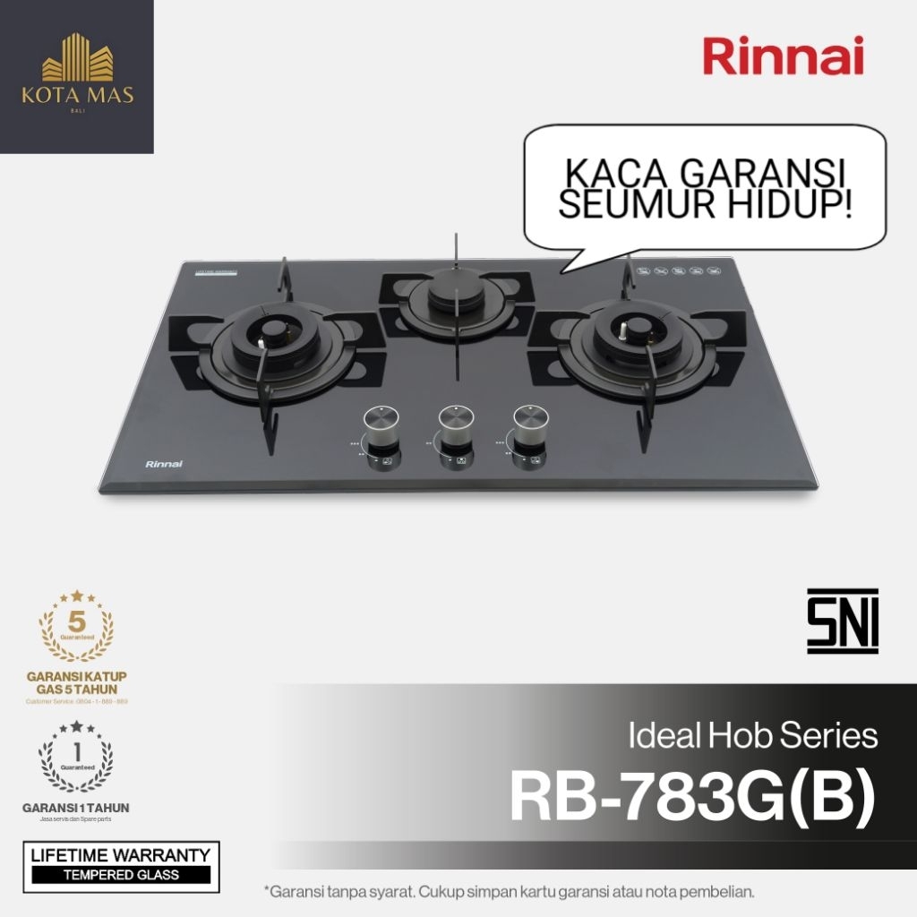Kompor Tanam 3 Tungku Rinnai RB783GB Tempered Glass Gas Stove RB-783G(B) Safety Kuningan Api Besar