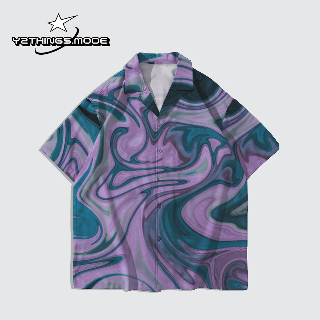 Y2THINGS Kemeja Oversize Motif Abstrak Wavy Ungu Tosca – Shirt Distro Aesthetic Psychedelic Kekinian