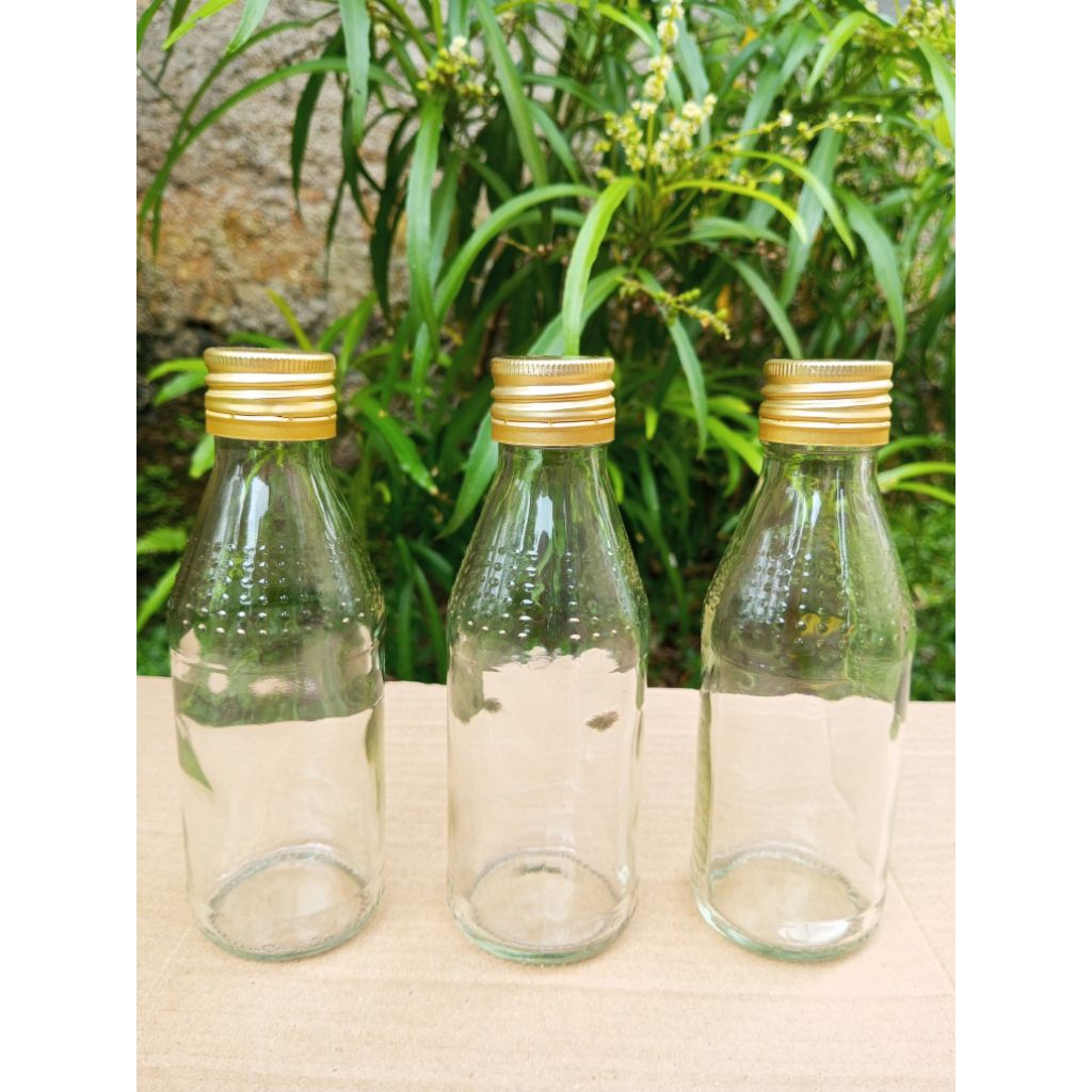 botol kaca bening 150ml tutup gold / botol kaca bening 150ml