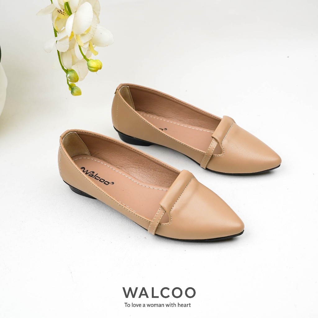 WALCOO Jemira Flat Shoes Wanita Bahan Kulit Sintetis - Hitam, Cream, Mocca, Coklat