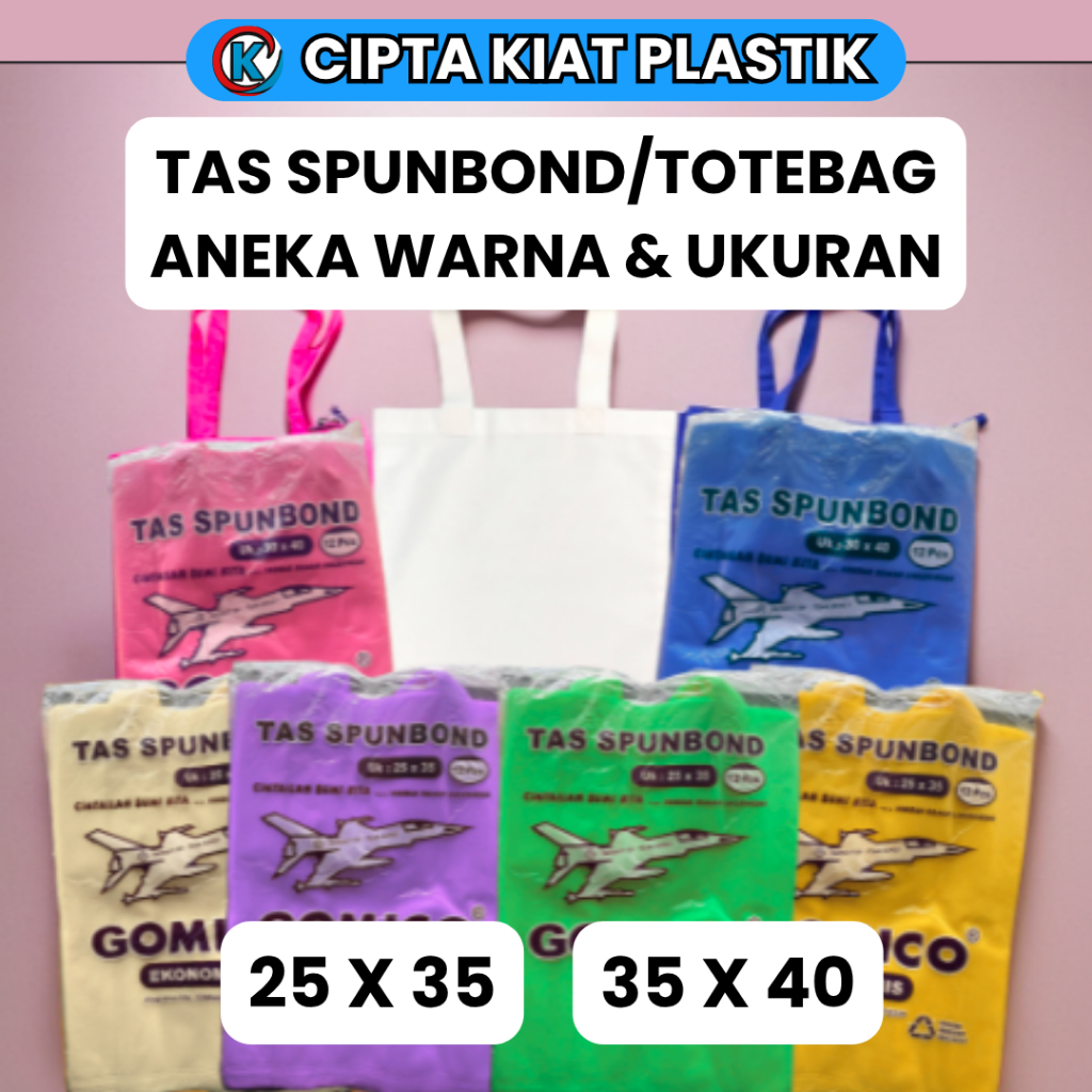 

Tas Tote Bag Spunbond Goodie Bag Tas Kain Tali Jinjing Polos Merek Gomico 25 x 35 & 35 x 40 Isi 12 PCS