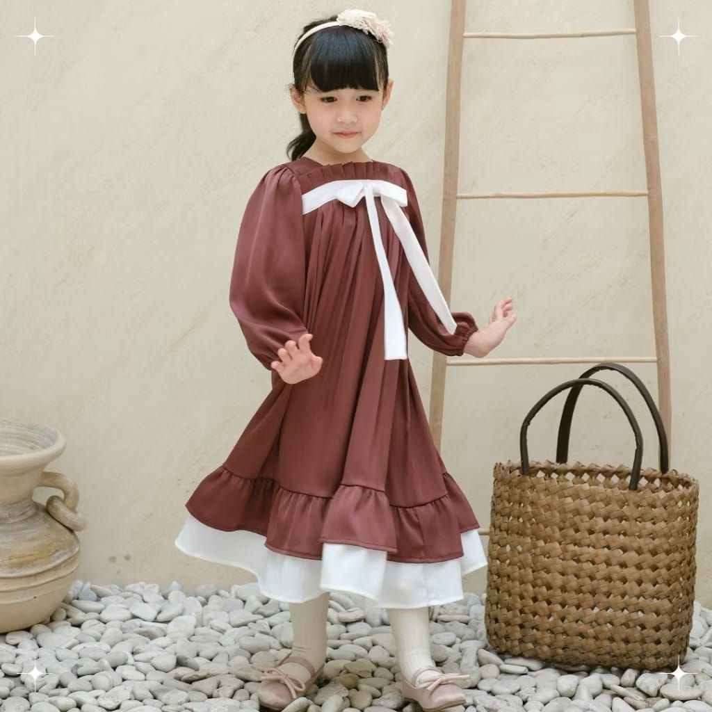 Dress Anak Mahogani Lengan Panjang Korean Style | Dress Midi Korean Style | Dress Midi Anak Korean S