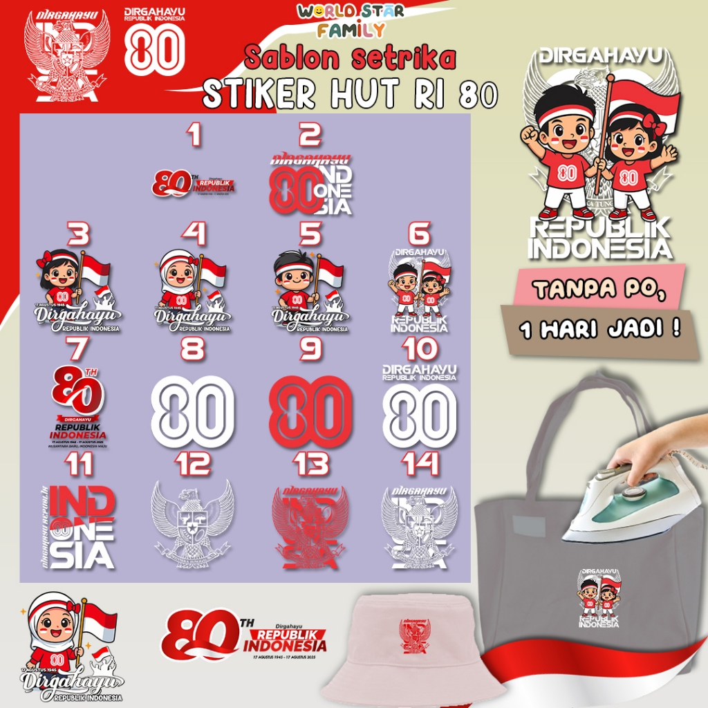 

WSF Sablon sticker setrika DTF tema 17 Agustus HUT RI ke 80 Stiker Kaos Stiker Topi