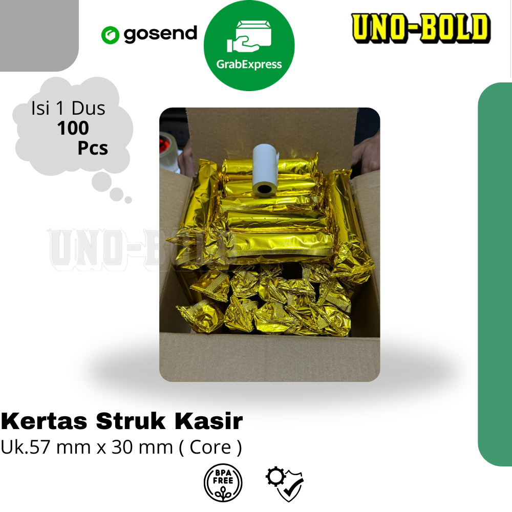 

KERTAS STRUK THERMAL PAPER ROLL 57x30 CORE (1 Dus isi 100 Roll )TERMAL EDC THERMAL PRINTER MINI BLUETOOTH 57MM CORE