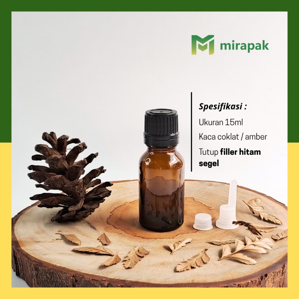 BOTOL FILLER TETES 15ML COKLAT AMBER KACA TEBAL TUTUP HITAM / PUTIH / SUMPEL MANGKOK / TETES