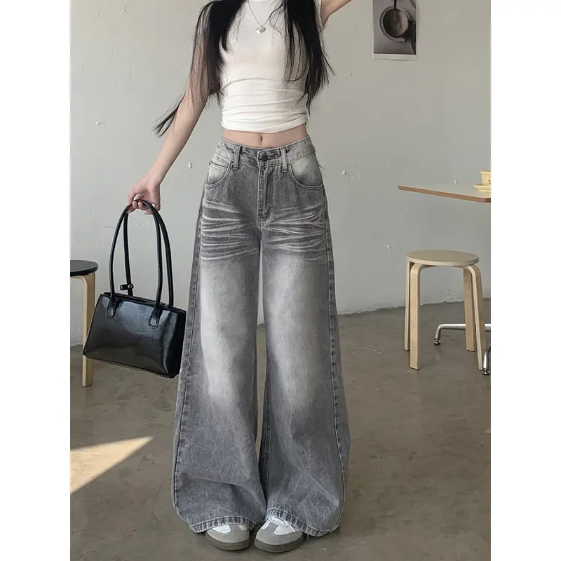 Abu-abu Kulot Highwaist CelanaPanjang Wanita-baggy Jeans Wanita