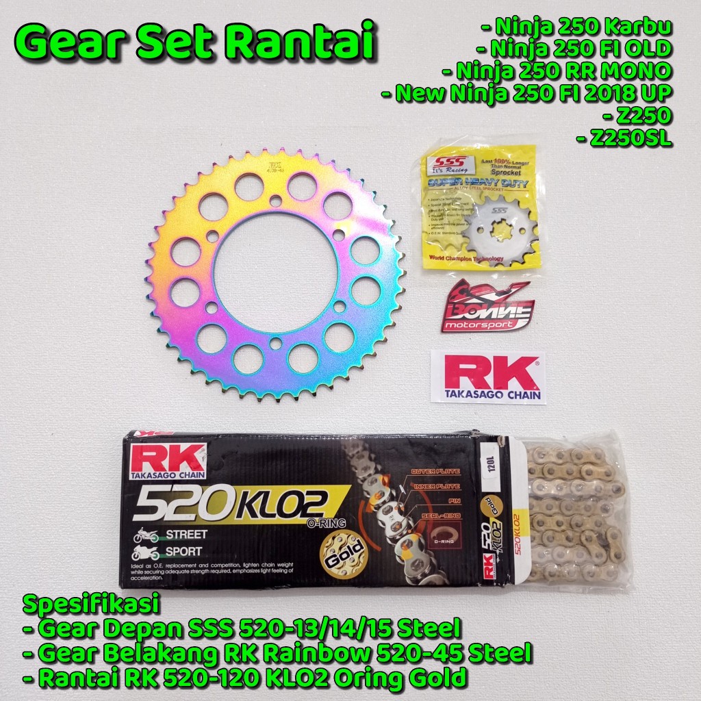 GEAR SET RANTAI RK ORING GEAR RAINBOW 520-13/14/15 - 45/120L NINJA 250 KARBU, NINJA 250 FI OLD, NEW 