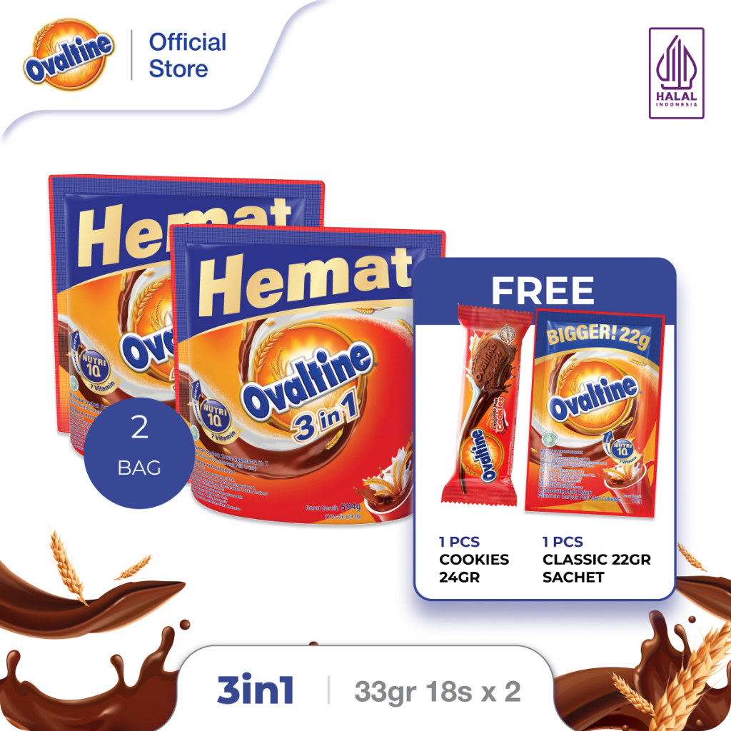 

OVALTINE 3in1 Susu Bubuk Coklat Stik 33gx18s x 2 Bag (FREE 24g Cookies & Classic 22g Sachet)