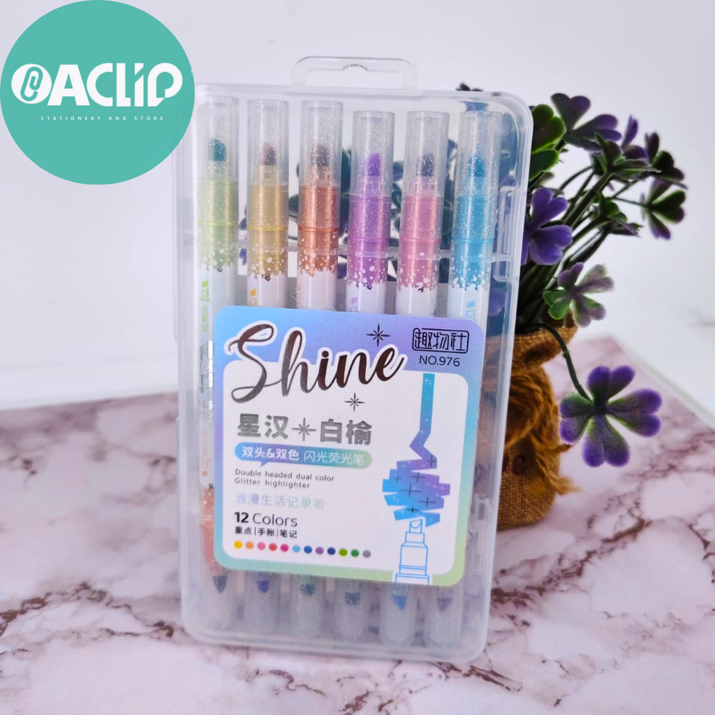 

HIGHLIGHTER 12 WARNA I DOUBLE HEADED DUAL COLOR GLITTER HIGHLIGHTER