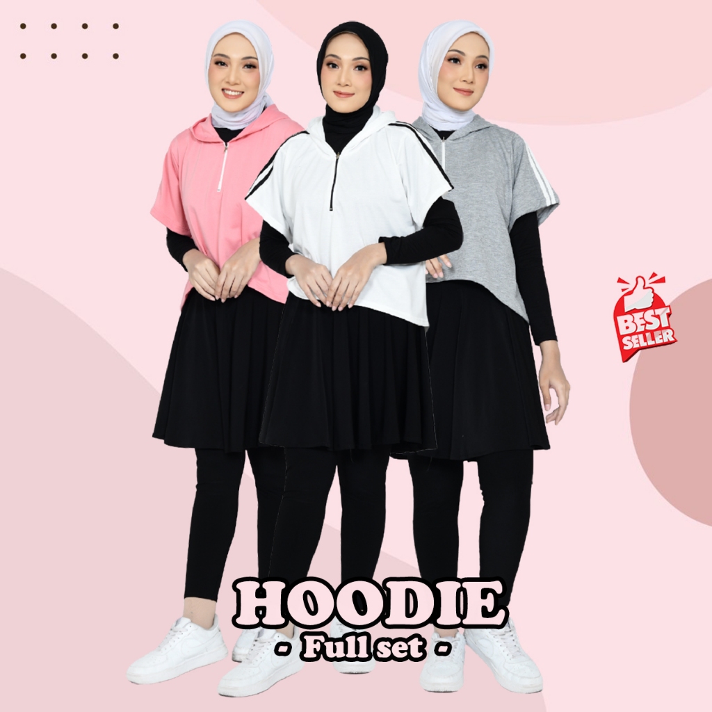 Setelan Baju Olahraga Muslimah One Set Hijab Rompi Sporty Hoodie Syari Baju + Legging Rok Olahraga