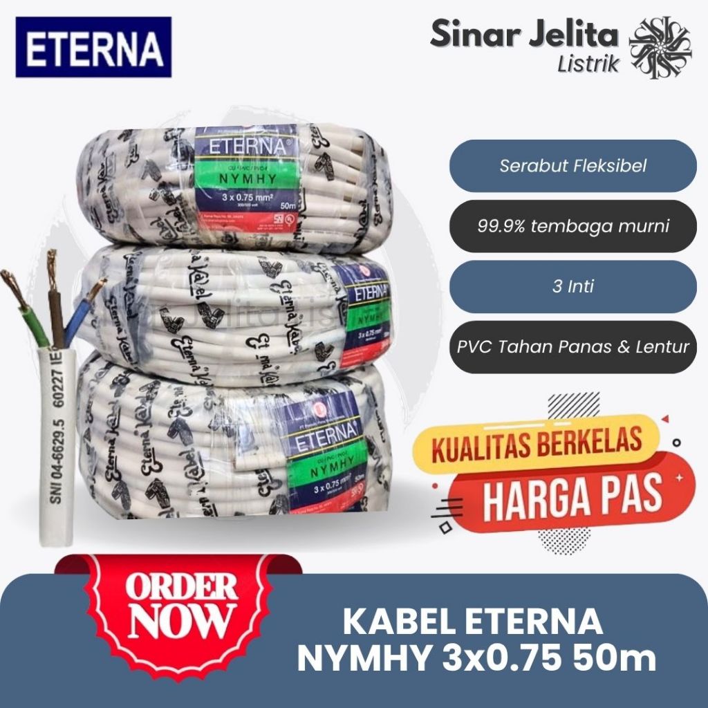 Kabel ETERNA NYMHY 3x0.75mm ROLL 50 METER | Kabel Putih Serabut NYMHY 3x0,75mm | ETERNA Serabut