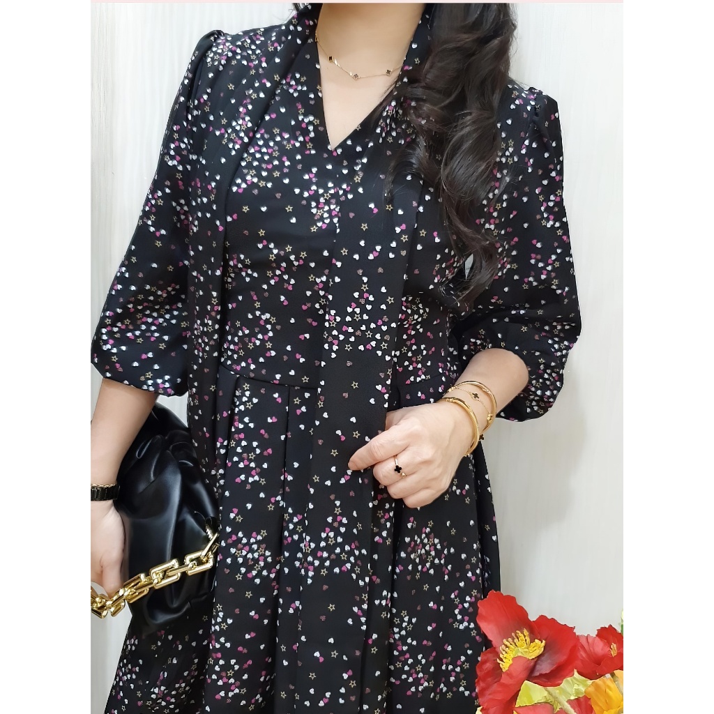 JESS Midi Dress Wanita Dress Korea Casual Dress Motif Bunga Merah Hitam