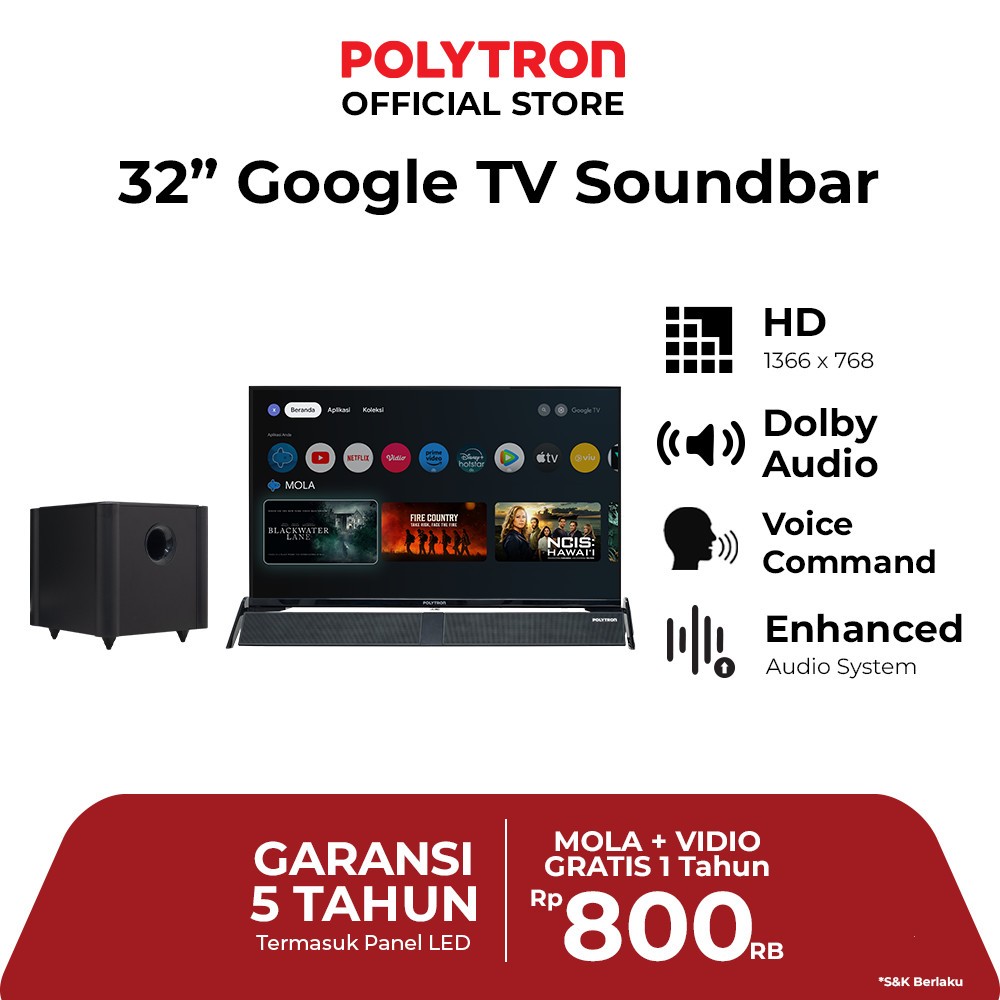 Polytron 32" Google Tv Cinemax Soundbar PLD32BG5058