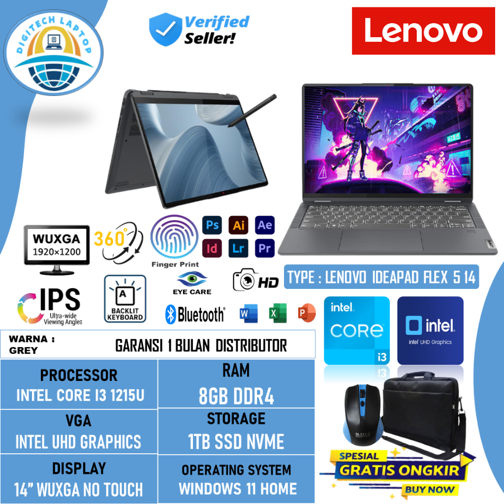 PROMO Laptop 2in1 Lenovo Ideapad Flex 5 14 Intel i3 1215U 8GB 1TB SSD 14 Inch WUXGA IPS NO TOUCH Win