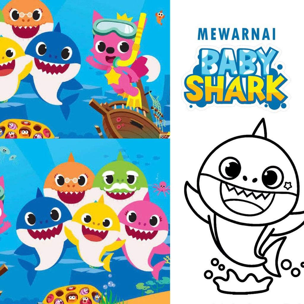 

15 Lembar A5 | Kertas Mewarnai tema Baby Shark | 15 Kertas gambar berbeda