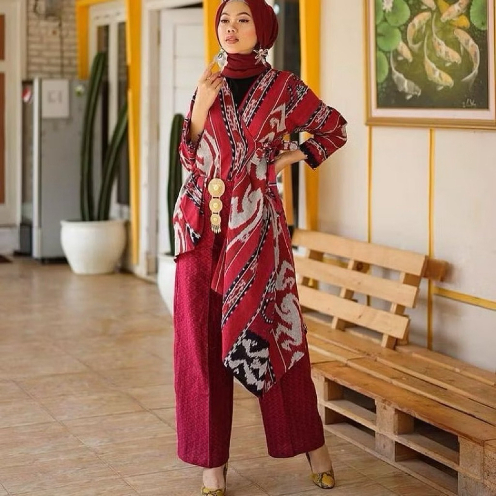 kimono osaka baju batik tenun atasan wanita sumba merah