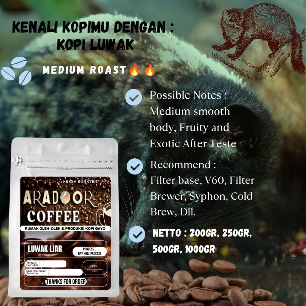 

Kopi Gayo Arabika Luwak Liar Asli Hasil Alam Liar AraDoor Coffee