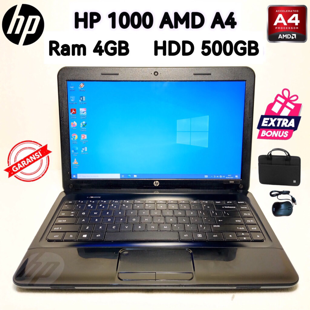 Laptop HP1000 AMD A4 Ram 4GB HDD 500GB, 14 inch. Windows 10.