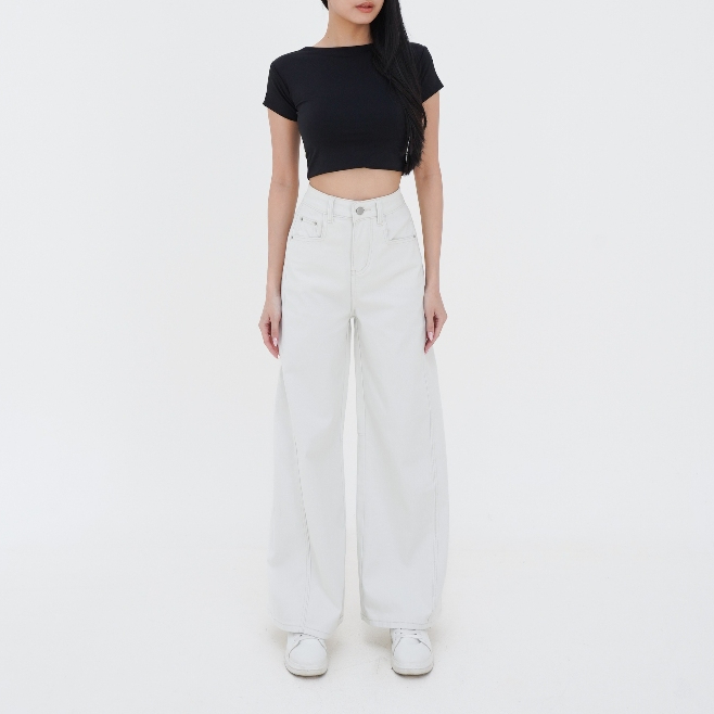 GENCHIC – 81053W High Waist Wide Leg White Denim Jeans with Side Line | Celana Jeans Panjang Wanita