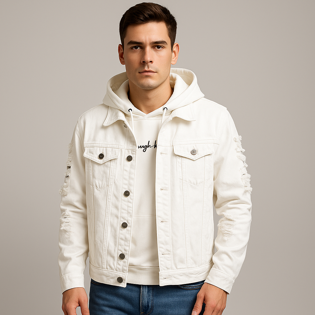 Jaket Jeans Putih Pria Hoodie Ripped Streetwear Keren - Oversize Casual Denim Jacket