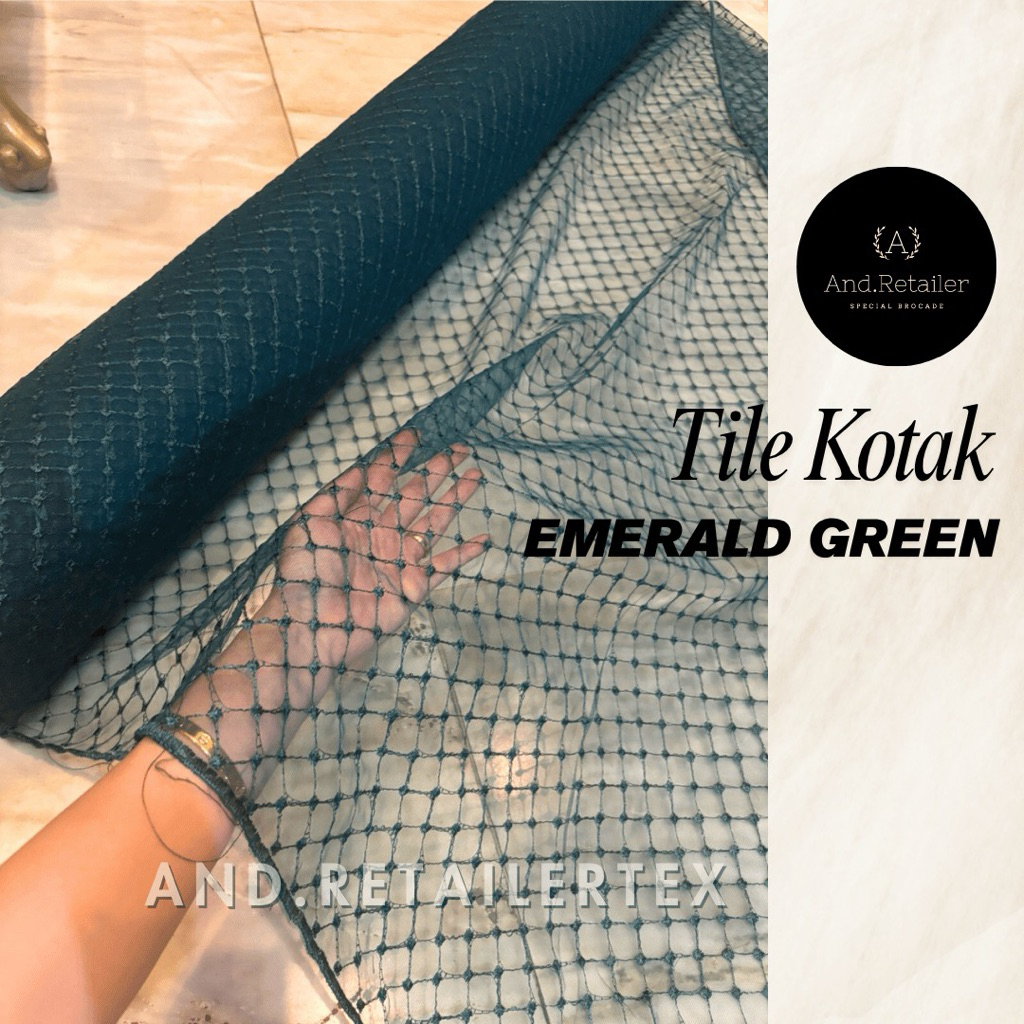 Bahan Kain Kebaya Brukat Tile Tulle Kotak Mesh Warna emerald Green dan emerald Blue