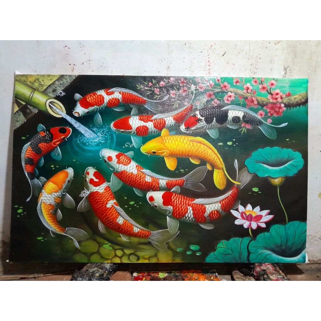 lukisan ikan koi hoki bunga sakura oil on kanvas ukuran 60x90cm custom