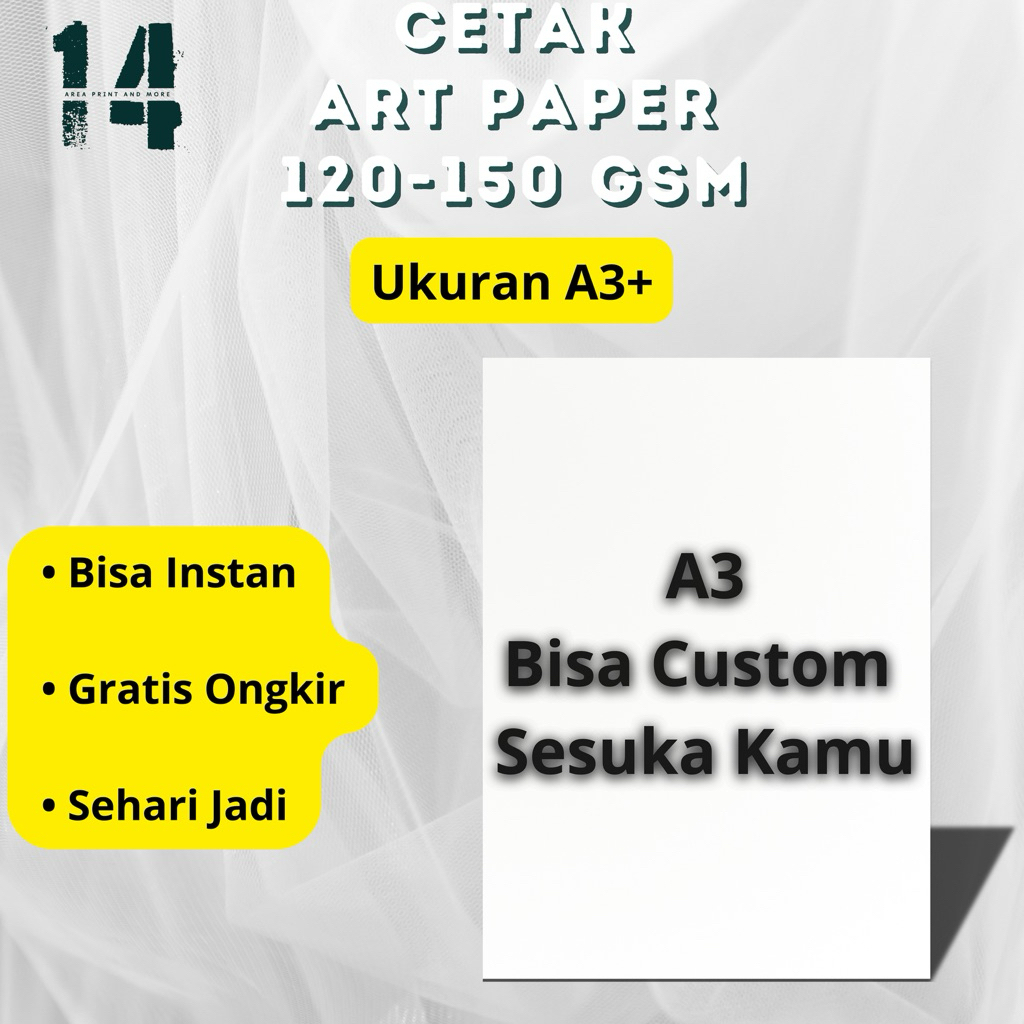 

Cetak Print Art Paper carton kertas A3+ 120-150 gsm 1/2 sisi ( Free Potong) | Cetak Brosur Custom Cetak Poster Custom Cetak Voucer