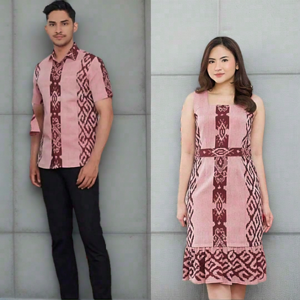 BAJU COUPLE TENUN MODERN PRIA WANITA BAJU PASANGAN KEMEJA KOKO LENGAN PENDEK & DRESS TENUN CASUAL PE