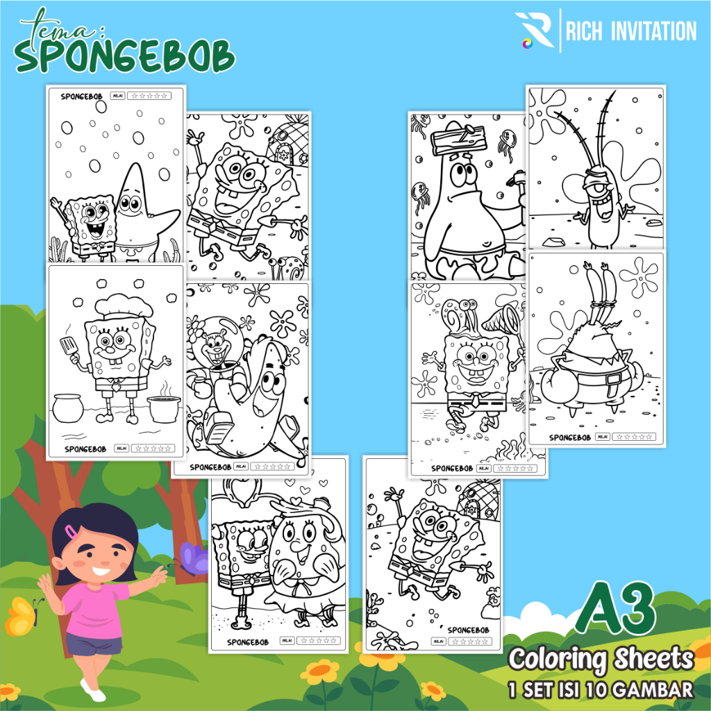 

(A3) KERTAS MEWARNAI ANAK - KERTAS COLORING ANAK PAUD TK - TEMA SPONGEBOB