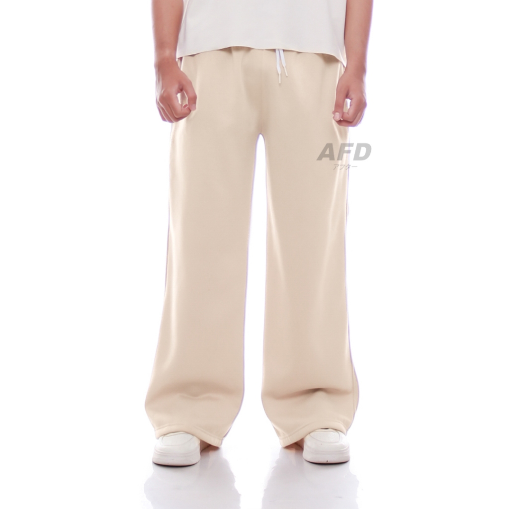 Afd Celana Panjang Loose Baggy Sweatpants Jogger Oversize Bahan Fleece Pria Wanita Warna Cream Muda