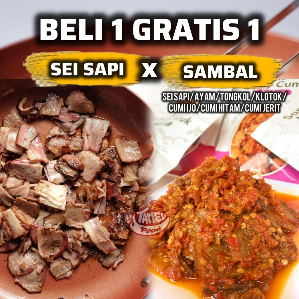 

TANEV FOOD - Beli 1 Gratis 1 Sei Sapi dan Sambal Sei Sapi - Lauk Siap Saji Ready To EAT Tahan Lama Tanpa Pengawet