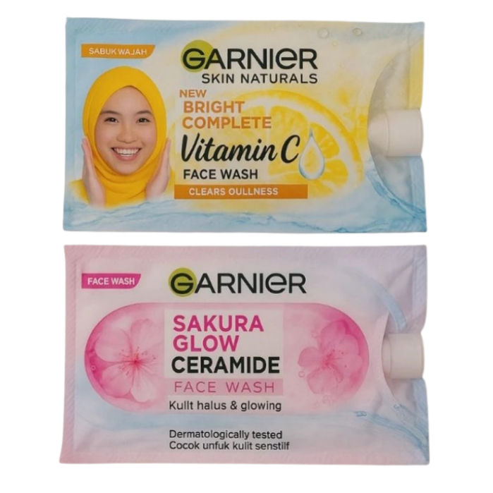 DREAMLAND [SACHET] GARNIER FACE WASH BRIGHT COMPLETE VITAMIN C & SAKURA GLOW CERAMIDE  9ML SABUN CUC