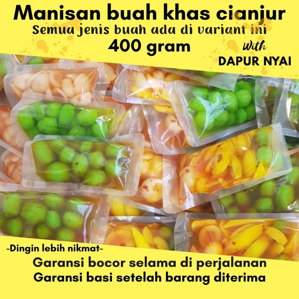 

400GR MANISAN BUAH, ASINAN BUAH, RUJAK BUAH MANGGA, PEPAYA, SALAK, BENGKOANG, ANGGUR BOGOR, KEDONGDONG BANGKOK, KEDONGDONG LOKAL, DAN MIX/CAMPUR, ORIGINAL MANIS DAN PEDAS
