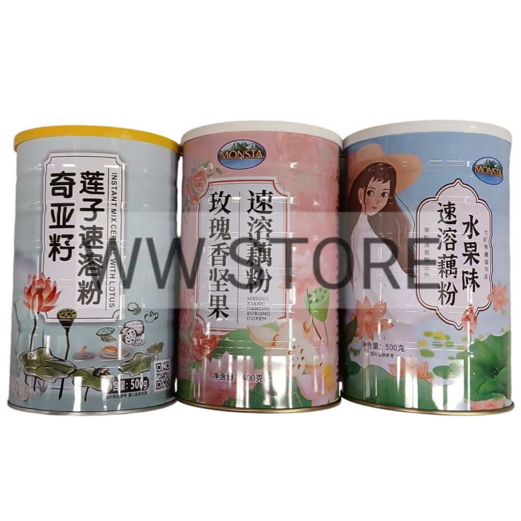 

Serbuk Minuman Sereal dengan biji pati akar teratai rasa buah - buahan /kacang - kacangan aroma mawar MONSTA INSTANT MIX CEREAL WITH LOTUS / FRUITS 500g / ROSE 400g