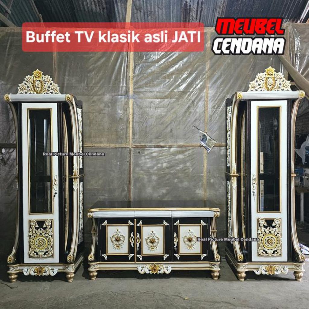 buffet tv ukir klasik asli jati , meja tv set lemari hias , meja buffet tv ukir kayu jati