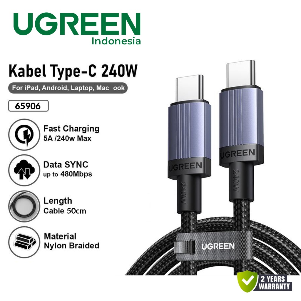 UGREEN 65906 Kabel Data Pendek Type C To Type C PD Super Fast Charging 2.0 5A 240W 50CM Cable Tipe C