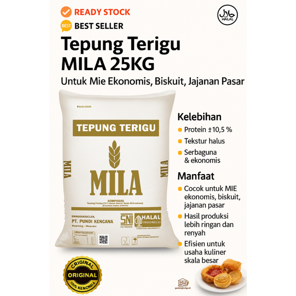 

Tepung Terigu MILA 25KG Protein 10,5% Tekstur Halus Serbaguna – Untuk Mie Ekonomis, Biskuit, Jajanan Pasar, Kue Kering, Pia, Gorengan – Tepung Halal SNI