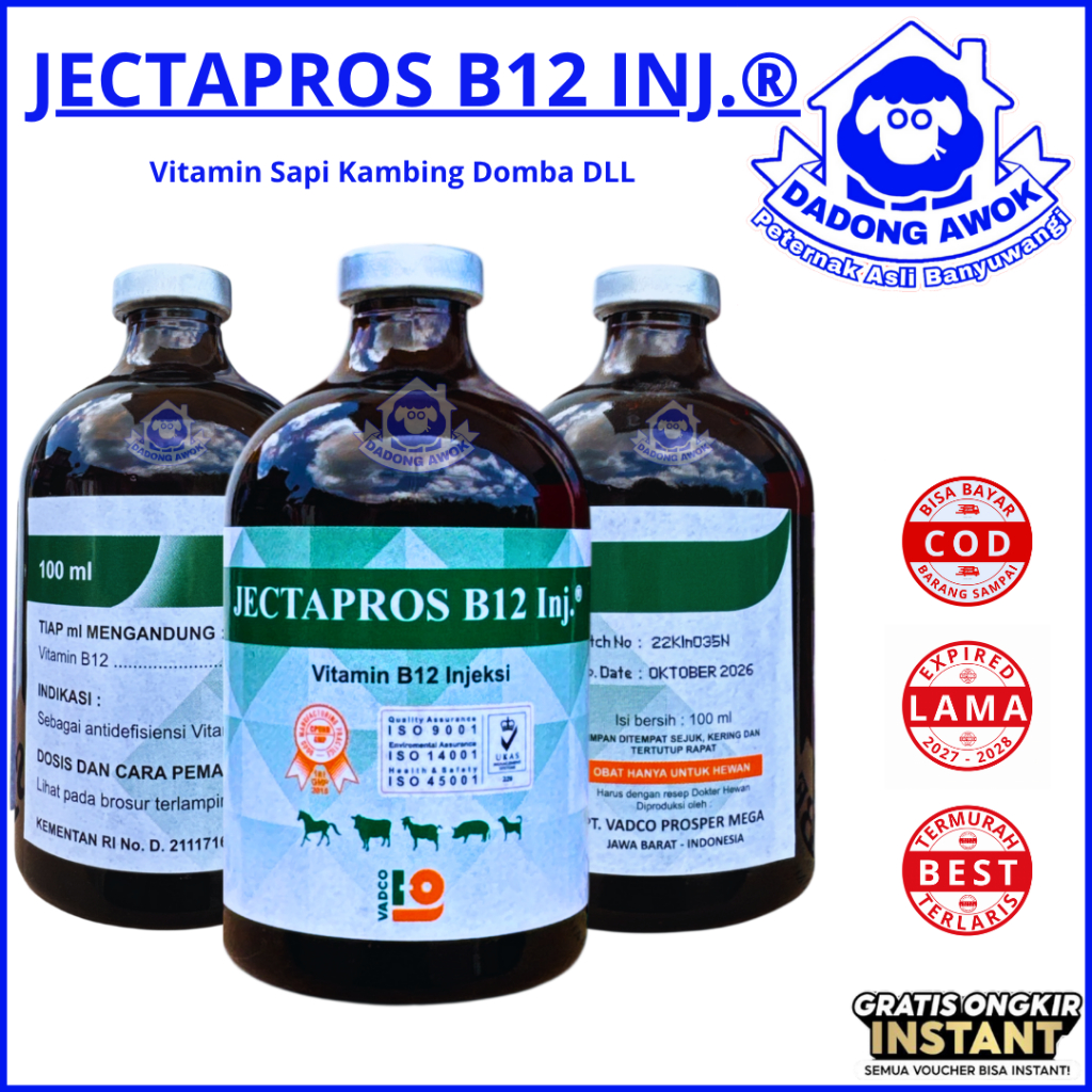 Vitamin B12 Hewan - JECTAPROS B12 100ML Vitamin B12 Injeksi Hewan Ternak Sapi Kambing Domba vadco