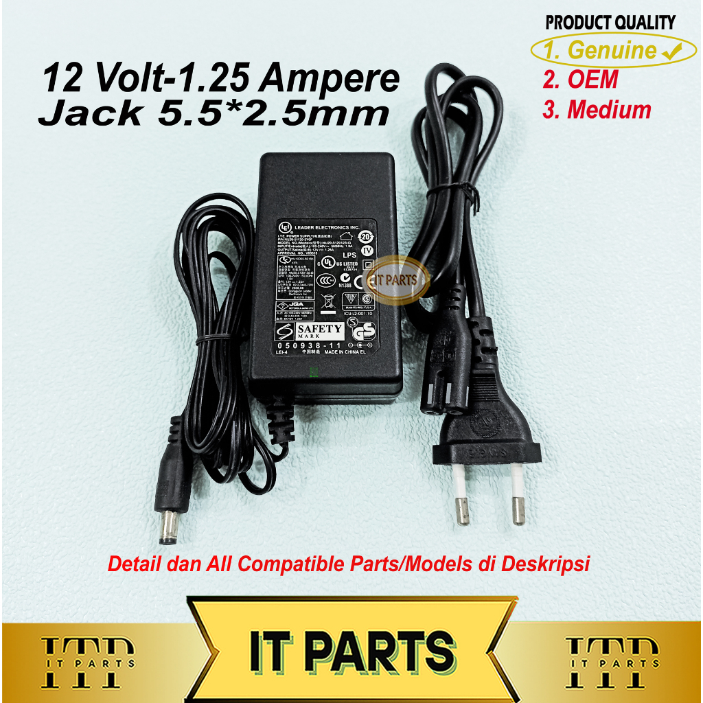 Adaptor 12V 1.25A Adaptor 12 Volt 1.25 Ampere jack besar 5.5x2.5mm Adaptor Leader Electronics genuin