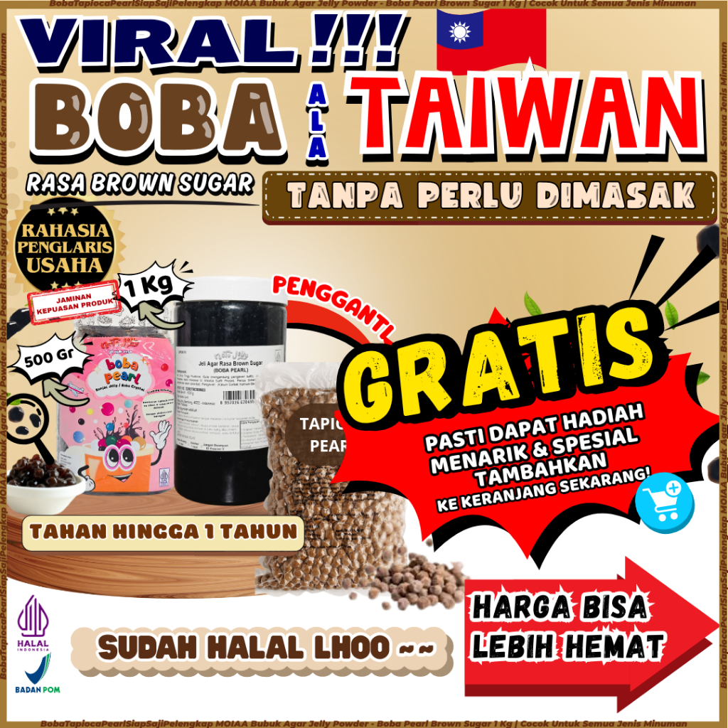 

BobaTapiocaPearlSiapSajiPelengkap MOIAA Bubuk Agar Jelly Powder - Boba Pearl Brown Sugar 1 Kg | Cocok Untuk Semua Jenis Minuman