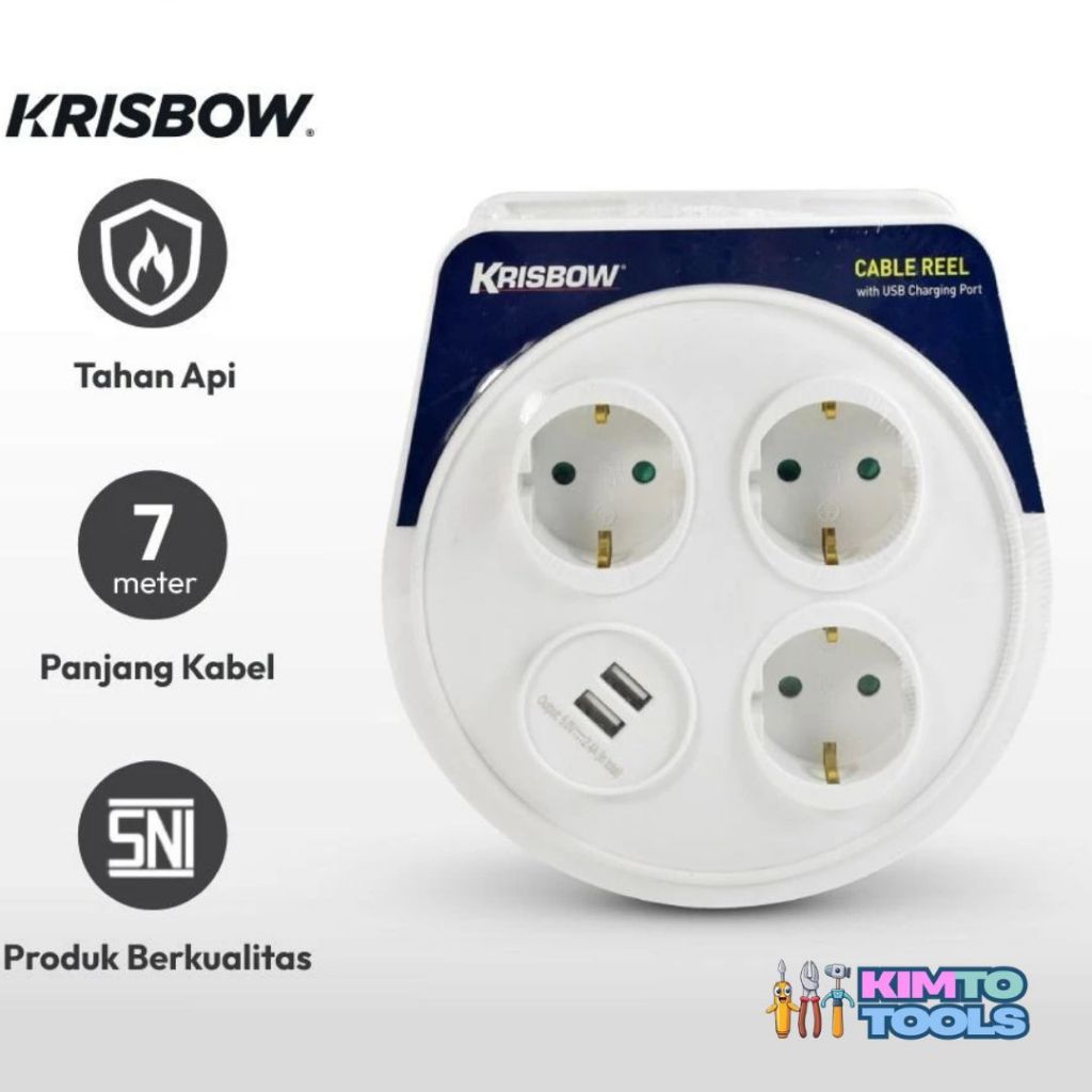 Krisbow Kabel Roll Dengan Usb 7 mtr 2.4a Cable Reel Terminal Colokan Listrik Peralatan Elektronik Ka