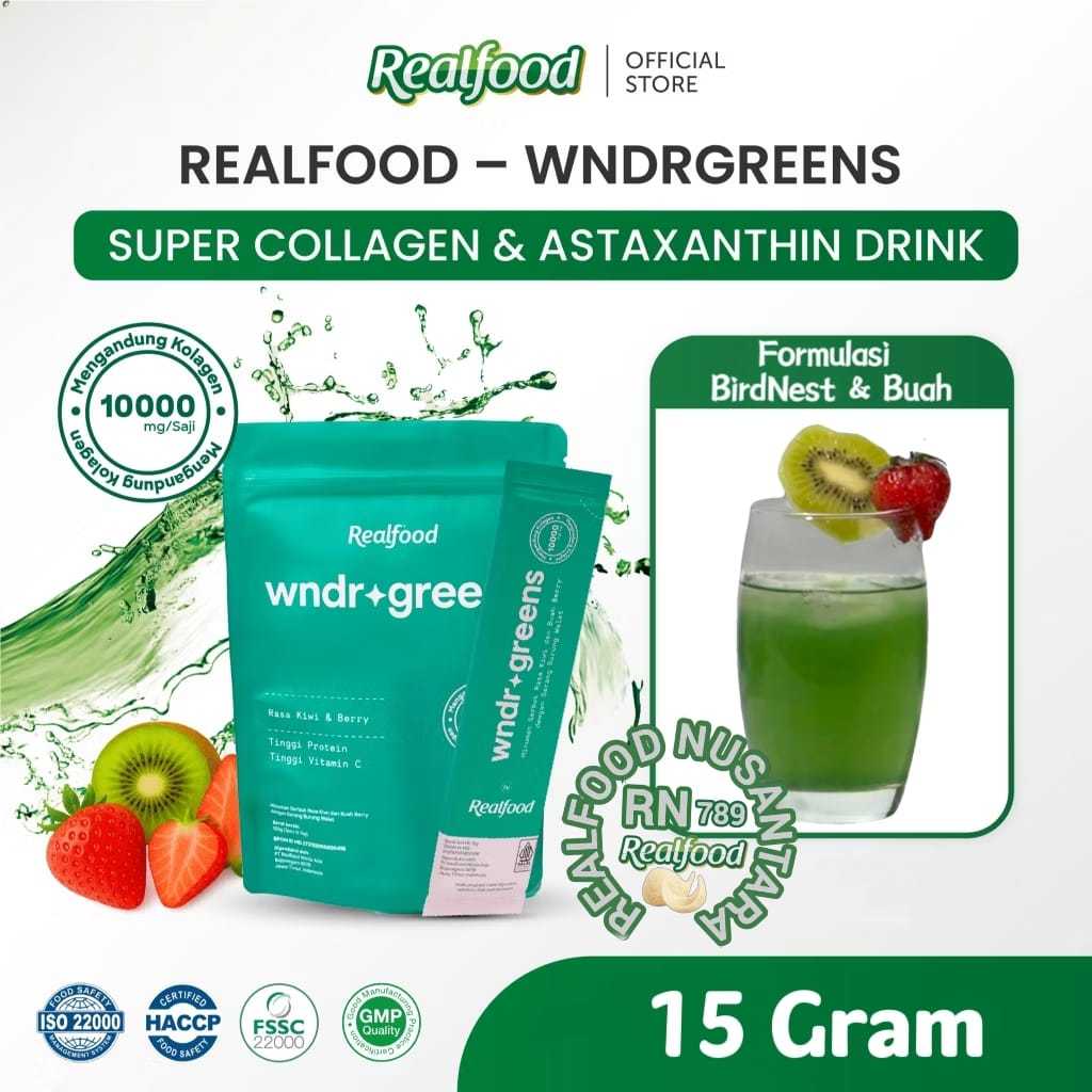 

Realfood WNDRGREENS , Minuman Serbuk Kolagen Super 10.000Mg Dengan Formulasi Buah & Sarang Burung Walet
